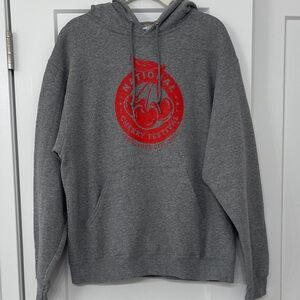 Jerzees Gray Hoodie with Red Cherry Festival Logo